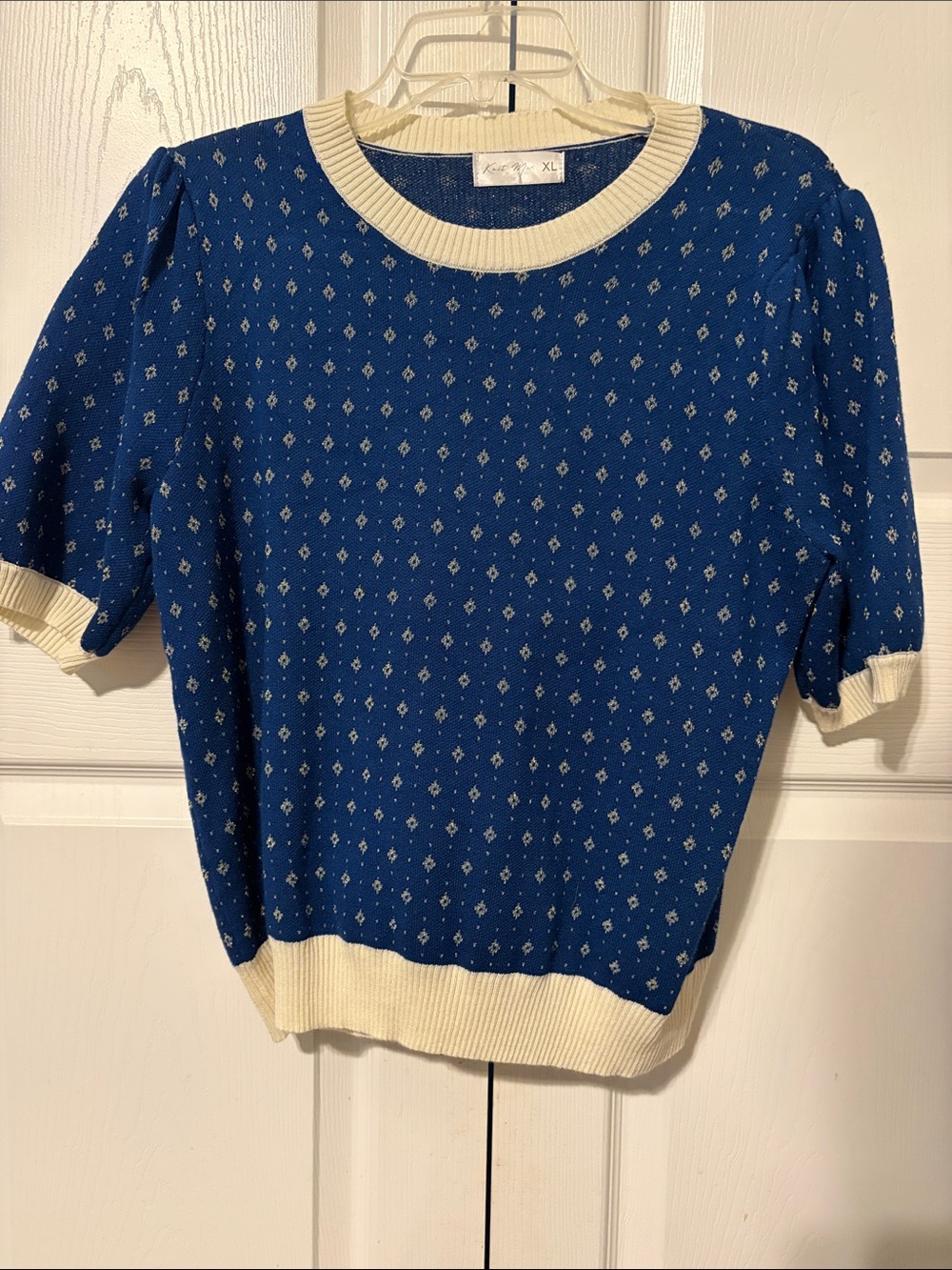 Blue Short Sleeve Knit Sweater with Cream Trim
